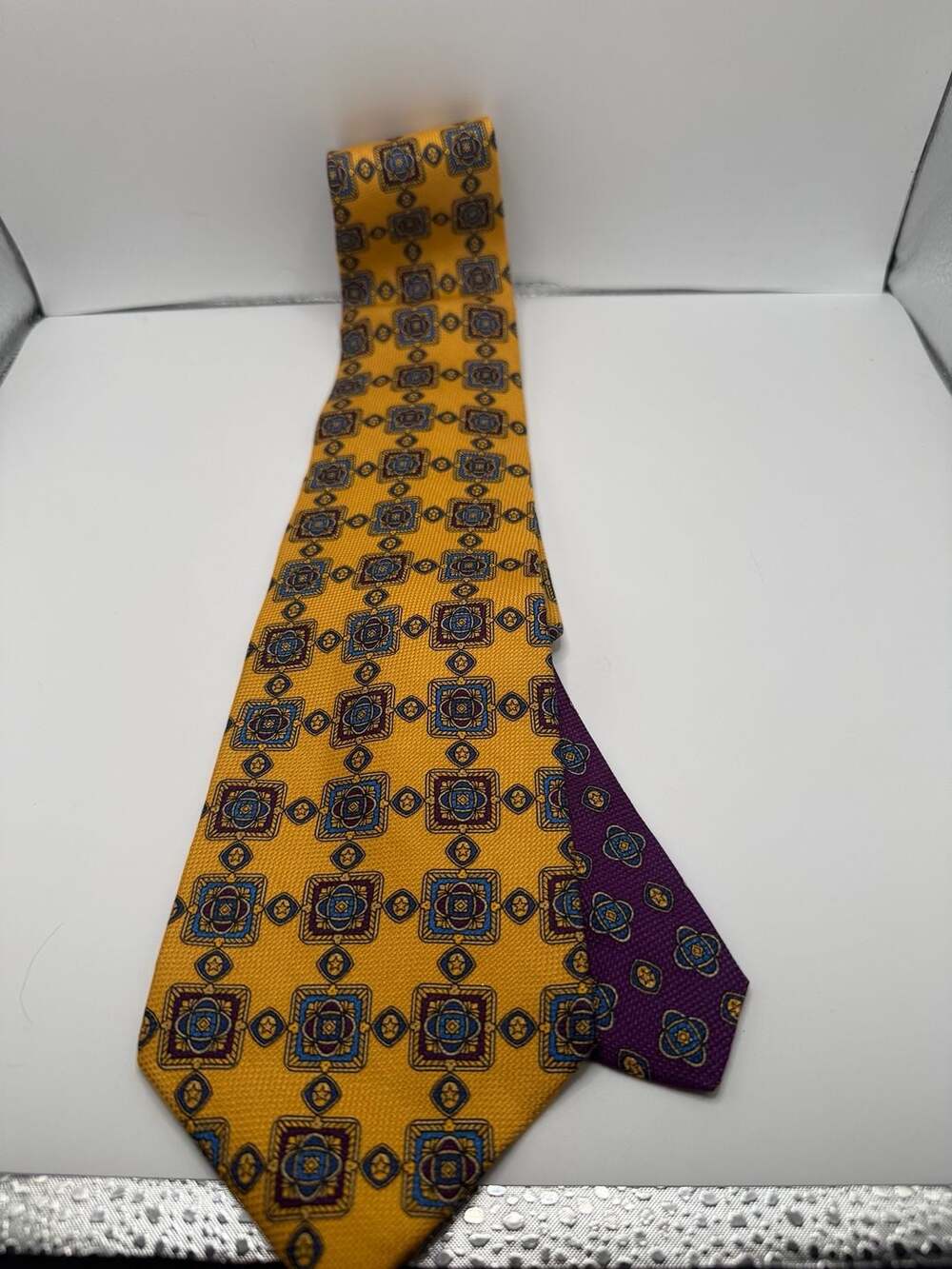 Tommy Hilfiger Men's Silk Geometric Pattern Necktie Yellow Purple